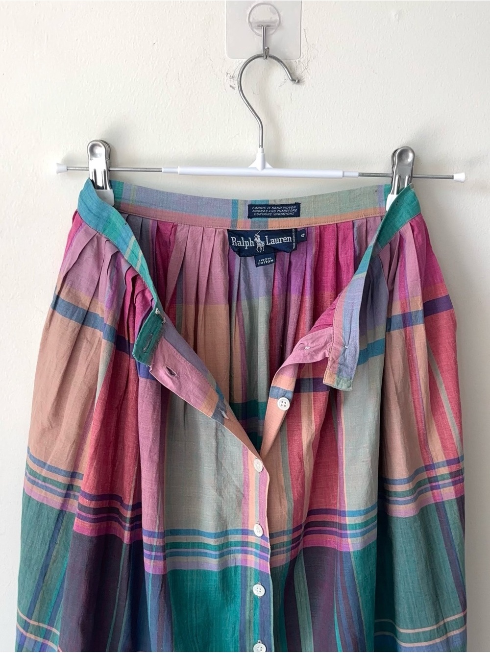 Ralph Lauren Madras Plaid Midi Skirt Sz 4 Hand Woven Rainbow 80s Blue Label